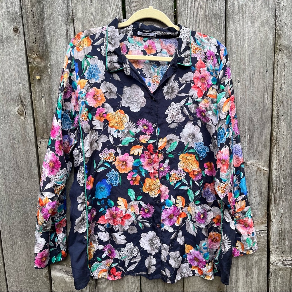 Johnny Was Airy Navy Floral V-Neck Long Sleeve Blouse